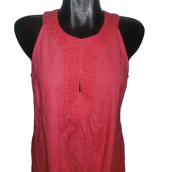 Red Linen Blend Embroidered Neckline Sleeveless Halter Dress - Picture 2 of 7